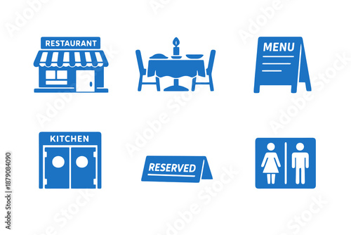 Dining facility icons set featuring restaurant spaces and service areas. Clean monocromatic flat vector icons with minimal design for digital platforms and interfaces.