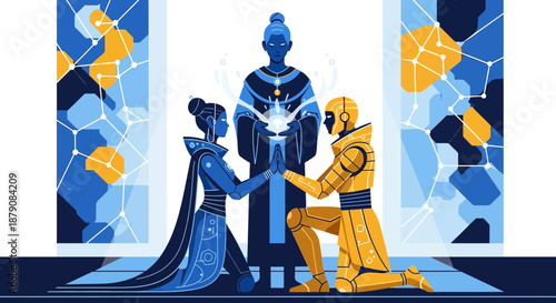 Futuristic collaboration of artificial entities with an ethereal central figure illustration