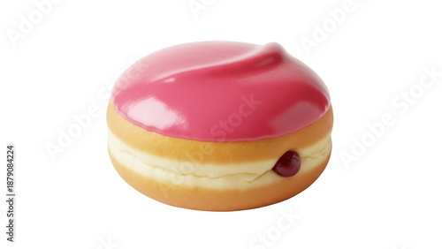 Bilde på lerret Delicious donut with pink frosting and jam filling isolated PNG, sweet treat for