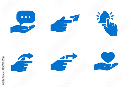 Social interaction hand icons set featuring chat, sharing and engagement actions. Clean monocromatic vector icons with minimal design for digital platforms and interfaces.