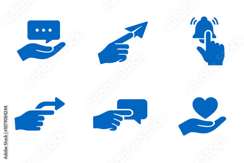 Hand communication icon set with messaging, sharing and social interaction gestures. Monocromatic flat vector icons with simple shapes for social apps, UI dashboards and websites.