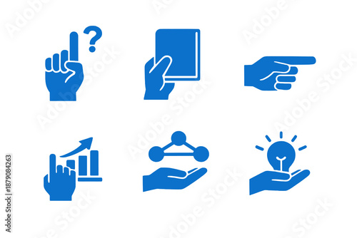 Hand learning icon set with education, teaching and knowledge sharing gestures. Monocromatic flat vector icons with simple shapes for education apps, UI dashboards and websites.