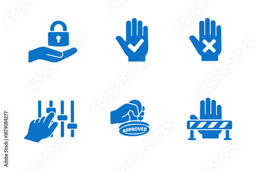 Access control hand icons set featuring permissions, approval and restriction actions. Clean monocromatic vector icons with minimal design for digital platforms and interfaces.