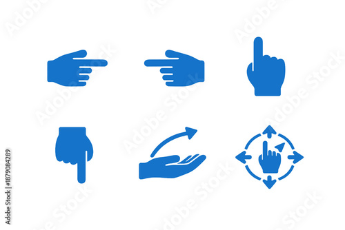 Directional hand icons set featuring pointing, guidance and navigation actions. Clean monocromatic vector icons with minimal design for digital platforms and interfaces.