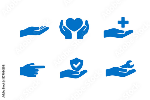 Support and assistance hand icons set featuring help, guidance and care actions. Clean monocromatic vector icons with minimal design for digital platforms and interfaces.