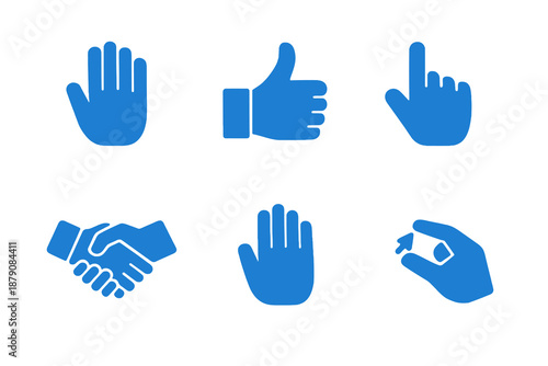 Hand gesture icon set with common actions, approval and interaction symbols. Monocromatic flat vector icons with simple shapes for apps, UI dashboards and websites.
