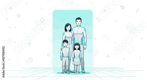 Futuristic family portrait illustration featuring unity protection and technological elements