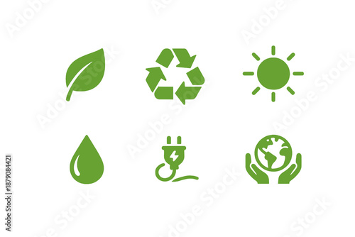 Climate action icons set featuring recycling, clean energy and environmental care. Clean monocromatic vector icons with minimal design for digital platforms and interfaces.