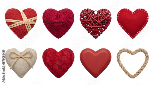 Red heart set including yarn, woven, felt, knitted, wood, and rope textures isolated. Valentine day and love craft collection.