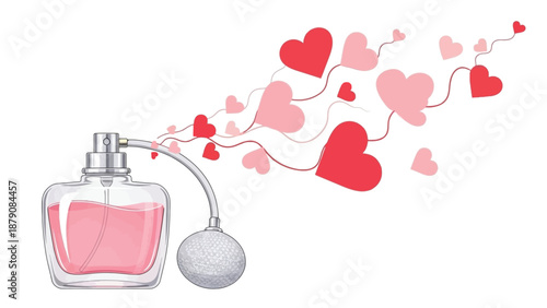 Vintage perfume atomizer spraying red and pink hearts on white background love