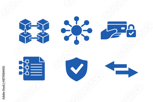 Decentralized technology icons set featuring blockchain, peer networks and digital trust. Clean monocromatic vector icons with minimal design for digital platforms and interfaces.
