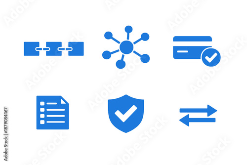 Blockchain icon set with decentralized systems, digital trust and secure transactions. Monocromatic flat vector icons with simple shapes for apps, UI dashboards and websites.