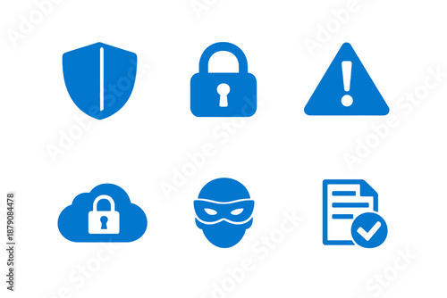 Online safety icons set featuring security, privacy and data protection symbols. Clean monocromatic vector icons with minimal design for digital platforms and interfaces.