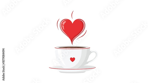 White coffee cup with red heart symbol and steaming heart on white background drink