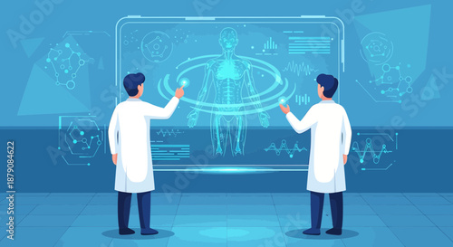 Futuristic medicine: doctors interacting with holographic human body interface display