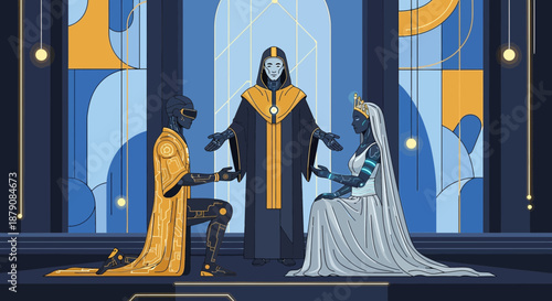 Futuristic robot wedding ceremony with digital bride groom and officiating robot in a temple of