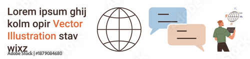 Online collaboration, globalization, technology, digital communication, social networking, business tools. Globe icon, chat bubbles person with a laptop. Online collaboration and globalization focus