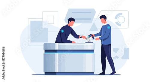 Futuristic security checkpoint with badge scanning for seamless access control implementation
