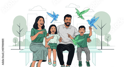 Happy family enjoying a sunny day in the park with vibrant birds bringing joyful illustration