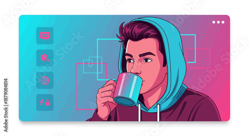 Hooded figure sips from vivid mug amidst a background of digital design elements