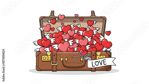 Brown Suitcase Filled with Winged Hearts and Love Banner vector illustration