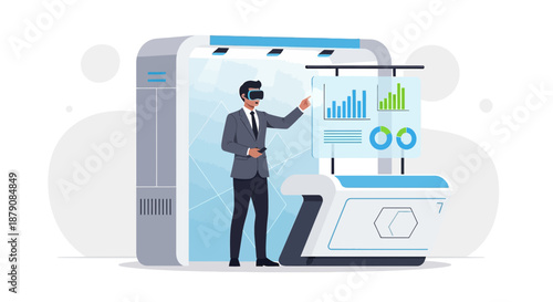 A businessman wearing VR glasses analyzes charts and data on futuristic display system using