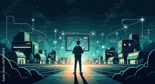 A futuristic city integrating advanced technology network and centralized digital systems