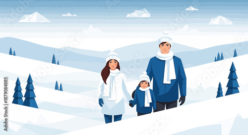 A heartwarming family moment, bundled in winter attire, exploring a serene snowy landscape together