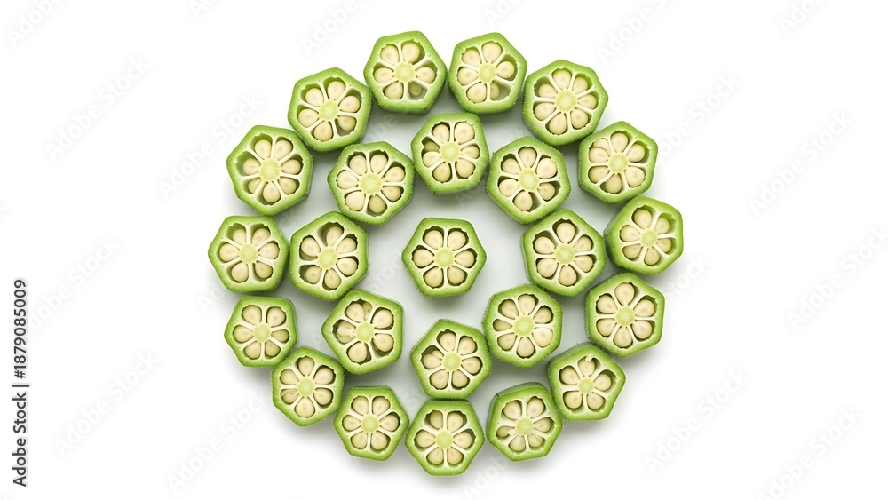 Fototapeta premium Okra slices arranged in a circular pattern on white background
