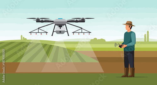 Agricultural drone spreading fertilizer over the field with farmer controlling unmanned vehicle