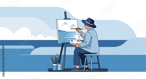 Artistic expression: A painter captures ocean view with serene artistry and calmness