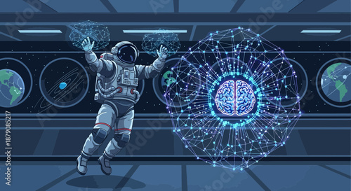 Astronaut in cosmic intelligence lab visualizing neural networks and planetary knowledge