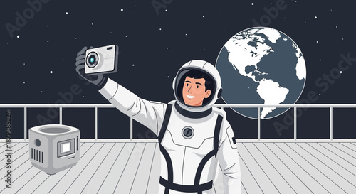 Astronaut takes a selfie with Earth in the background showcasing space tourism ambition