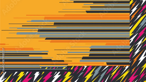 Dynamic digital illustration of abstract motion graphics with vibrant colors and digital glitch effects from a close-up viewpoint