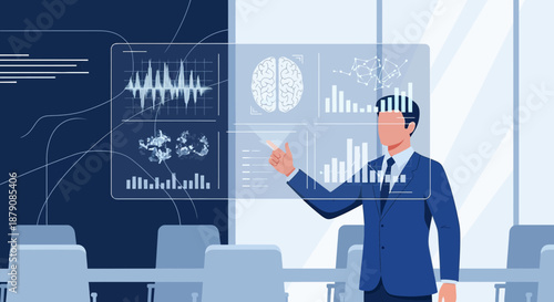 Businessman analyzing data on a virtual interface in a modern conference room environment