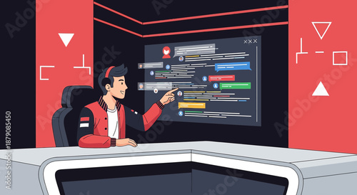 Cartoon gamer immersed in a digital world interacting with online community chatroom