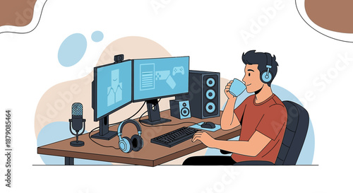 Cartoon illustration of a gamer streaming with dual monitors and drinking coffee for content