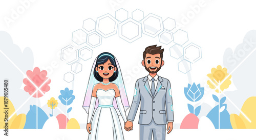Cartoon Illustration of a Newly Married Couple Under a Geometric Floral Archway Happy Together