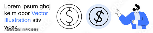 Finance, economics, currency, professional guidance, money management, business strategy. Dollar symbols and a character pointing in a minimalist style. Finance and economics in a clean design