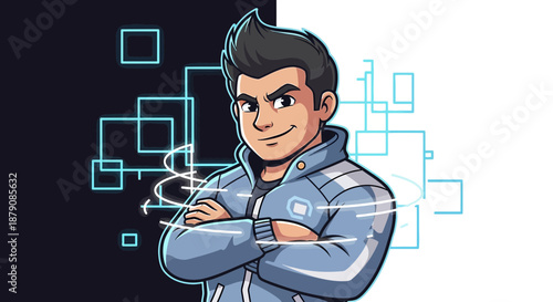 Confident Tech Leader Character with Abstract Neon Graphics on Contrasting Background