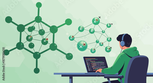 Conceptual visualization of a coder designing complex networks and algorithms with modern tech