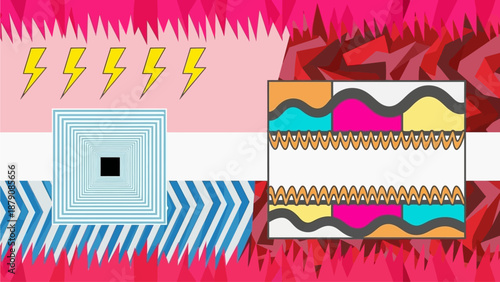 Vibrant Abstract Composition Featuring Geometric Shapes and Patterns in a Dynamic Environment from a Frontal Viewpoint