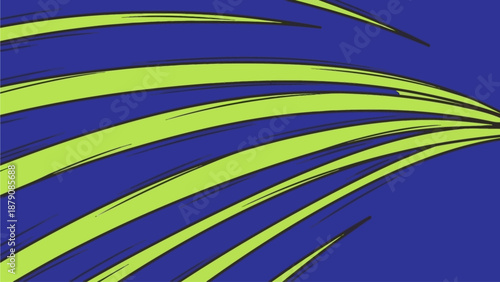 A vector illustration of a dynamic green leafy branch against a blue background, showcasing flowing curves and lines, from a close-up viewpoint.