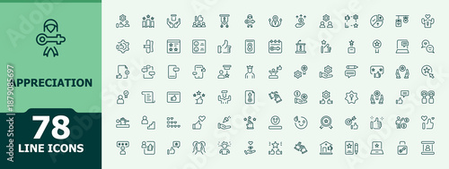 Appreciation icon set in linear style. Featuring opinion, feedback, comment, testimonial, rating and more. Rating icon set. UI icons set in a thin style. Editable vector art and illustration.