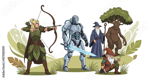 Diverse Fantasy Alliance: An Elf Archer Robot Warrior Wizard Ent and Gnome Team Up for Adventure