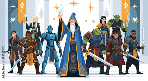 Diverse fantasy characters united within an ornate hall, showcasing their unique abilities and