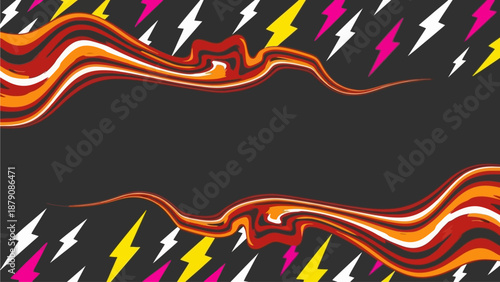 Dynamic Electric Storm Illustration with Lightning Bolts and Wavy Lines on Dark Background from a Front Viewpoint