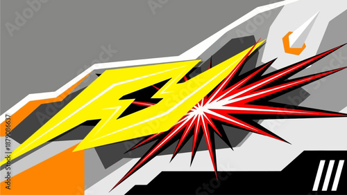 Dynamic abstract illustration of explosion with lightning, rays, and vibrant colors from a diagonal viewpoint