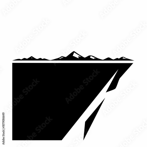 Stylized black and white graphic of a sharp cliff edge with distant mountains under a clear sky.