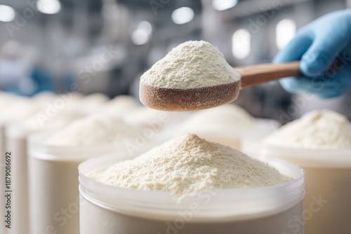 Food production worker scoops powdered milk into containers at a factory